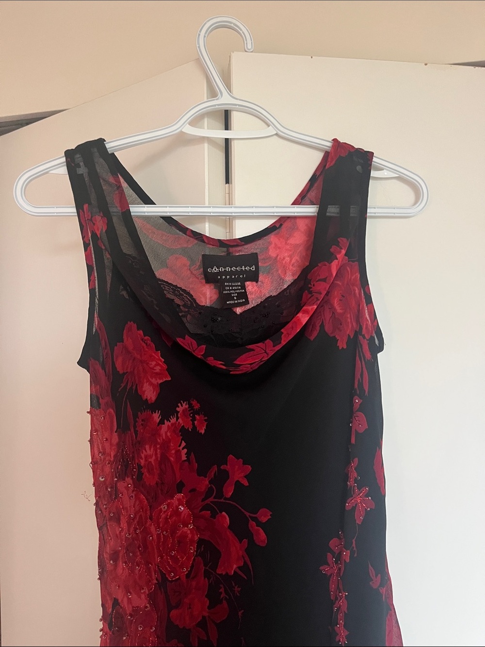 90s whimsigoth vintage red floral and black dress with lace and beaded detail